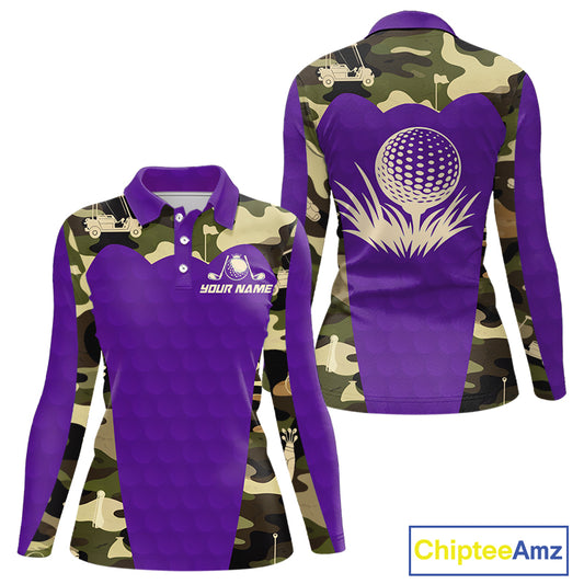 Purple Camo Womens Golf Polo Shirts Custom Golf Outfit For Ladies, Team Golf Shirts NBT635
