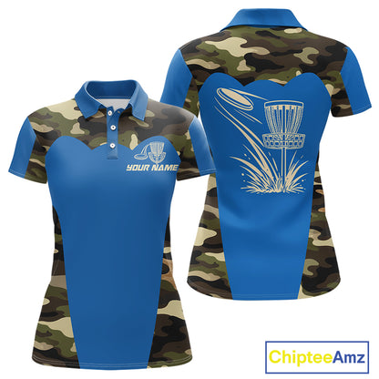 Womens Disc Golf Polo Shirt Custom Name Camo Disc Golf Basket, Personalized Disc Golf Shirts|Blue NBT640