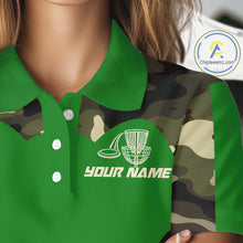 Load image into Gallery viewer, Womens Disc Golf Polo Shirt Custom Name Camo Disc Golf Basket, Personalized Disc Golf Shirts|Green NBT641