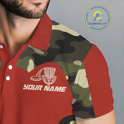 Mens Disc Golf Polo Shirt Custom Name Camo Disc Golf Basket, Personalized Disc Golf Shirts|Red NBT642