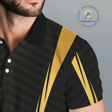Load image into Gallery viewer, Close-up breathable polyester fabric texture on Custom Skull mens golf polo shirt black gold with custom name