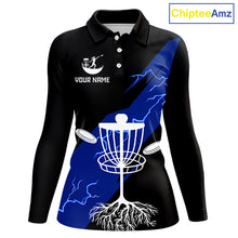 Load image into Gallery viewer, Blue Womens Disc Golf Polo Shirts Custom Thunder Lightning Team Disc Golf Jerseys, Disc Golf Gifts NBT649
