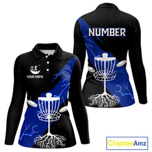 Load image into Gallery viewer, Blue Womens Disc Golf Polo Shirts Custom Thunder Lightning Team Disc Golf Jerseys, Disc Golf Gifts NBT649