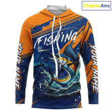 Load image into Gallery viewer, Front view Custom Marlin Fishing Blue Orange long sleeve hooded shirt, Marlin saltwater fishing jersey with UPF protection