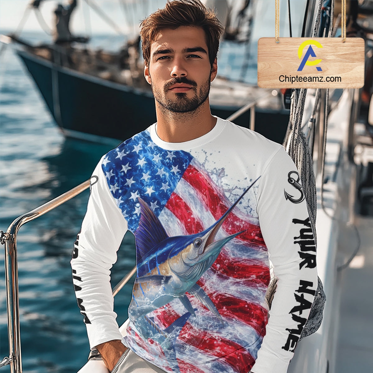 American Flag Patriotic Marlin Fishing Custom Long Sleeve Shirts, 4th of July Fishing Tournament Shirts NBT526