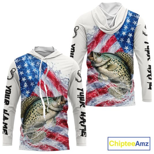 American Flag Patriotic Crappie Fishing Custom Long Sleeve Hooded Shirts, 4th of July Fishing Tournament Shirts NBT525