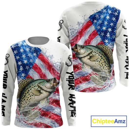 American Flag Patriotic Crappie Fishing Custom Long Sleeve Shirts, 4th of July Fishing Tournament Shirts NBT525