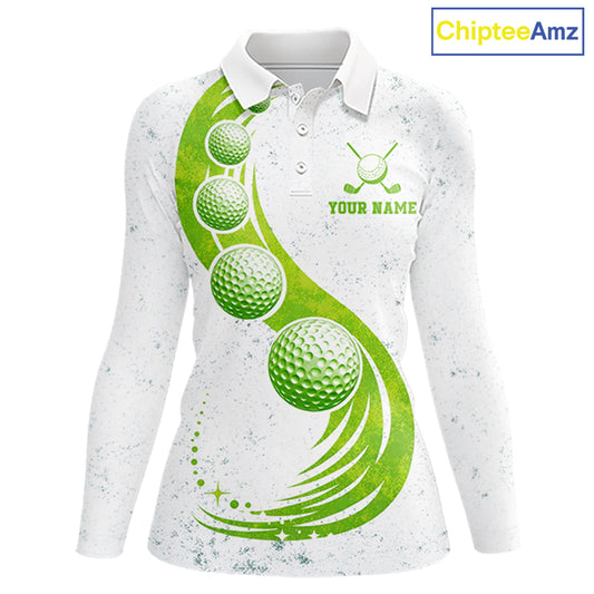 Womens Golf Polo Shirt Green Golf Ball Pattern Custom Name White Golf Shirts, Golf Gifts For Women NBT536