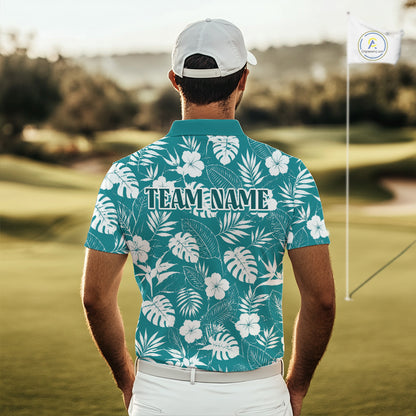 Man wearing a teal floral patterned shirt with 'TEAM NAME' on a golf course
