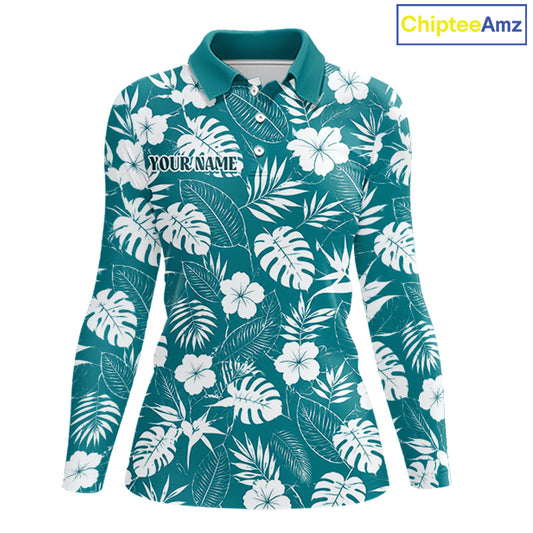 Teal long sleeve golf shirt with white floral pattern on a white background
