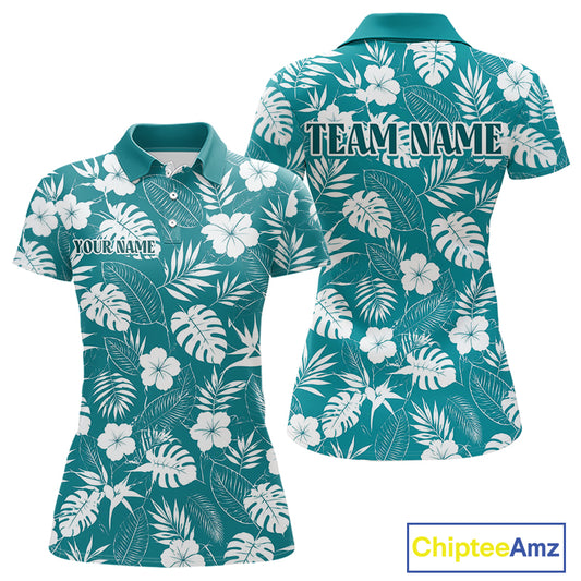 Teal golf polo shirt with white floral and leaf pattern, customizable with 'Your Name' and 'Team Name'.
