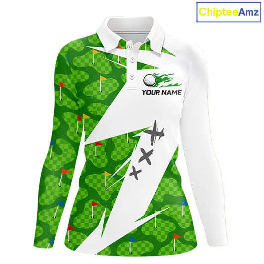 Green And White Golf Pattern Polo Golf Shirt For Women Custom Ladies Golf Clothes, Golf Gifts NBT677