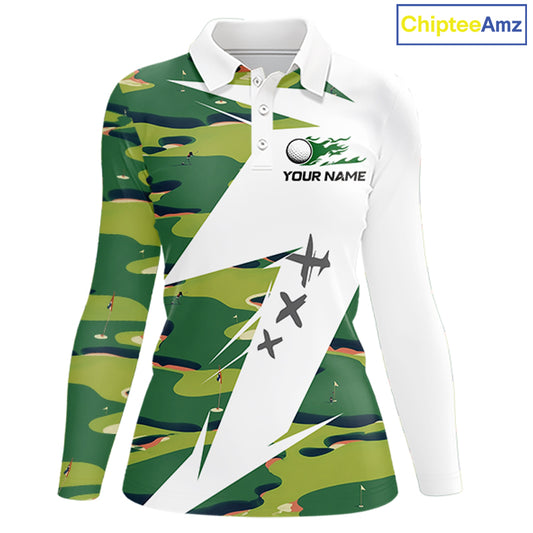 Green And White Retro Golf Pattern Polo Golf Shirt For Women Custom Ladies Golf Clothes, Golf Gifts NBT678