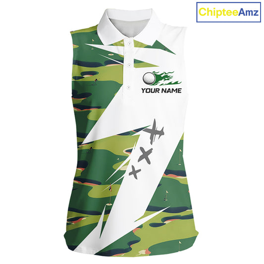 Green And White Retro Golf Pattern Polo Golf Shirt For Women Custom Ladies Golf Clothes, Golf Gifts NBT678