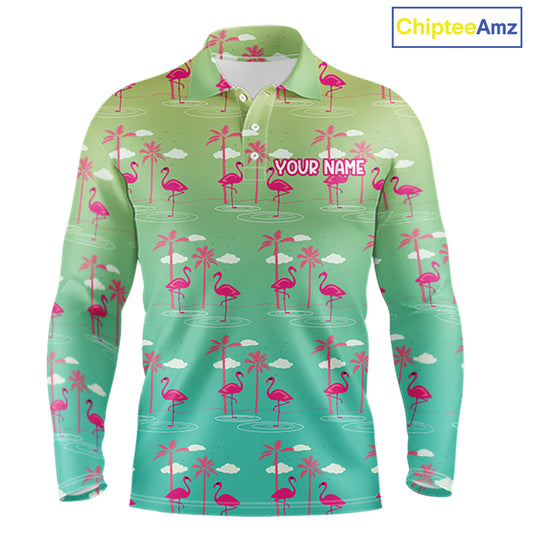 Pink Flamingo Palm Tree Mens Golf Polo Shirt, Tropical Golf Shirt, Cute Flamingo Print Summer Polo NBT538