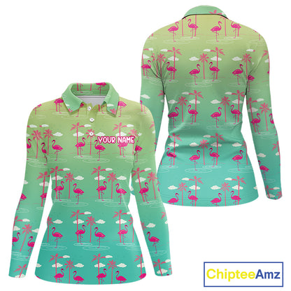 Pink Flamingo Palm Tree Womens Golf Polo Shirt, Tropical Golf Shirt, Cute Flamingo Print Summer Polo NBT538