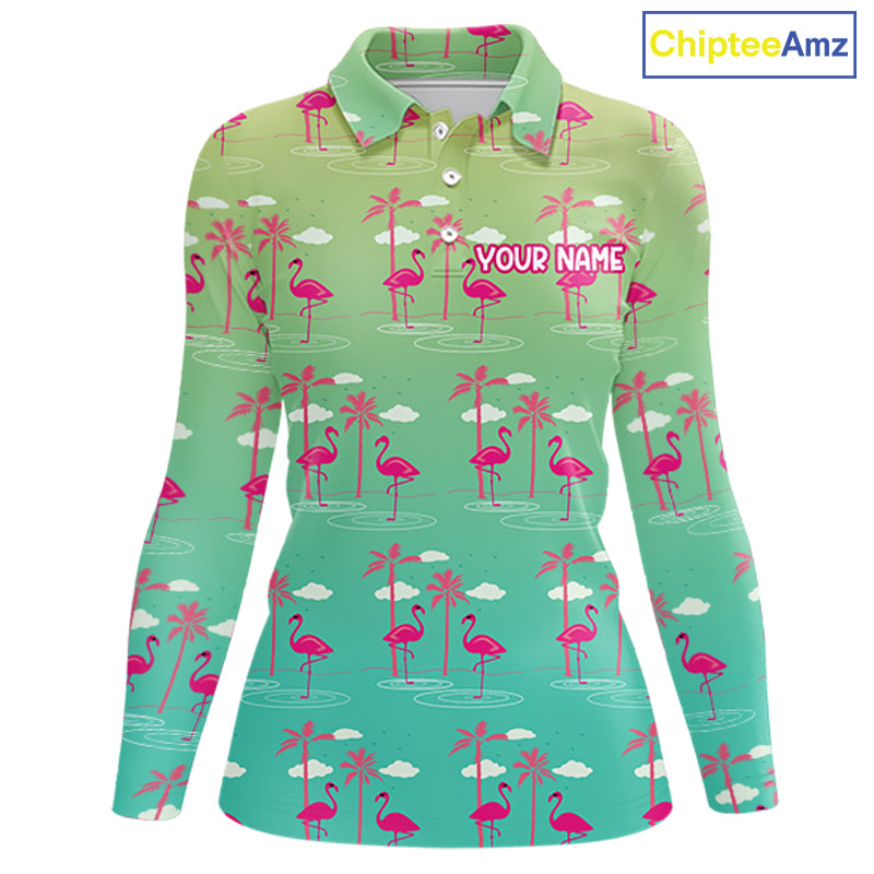 Pink Flamingo Palm Tree Womens Golf Polo Shirt, Tropical Golf Shirt, Cute Flamingo Print Summer Polo NBT538