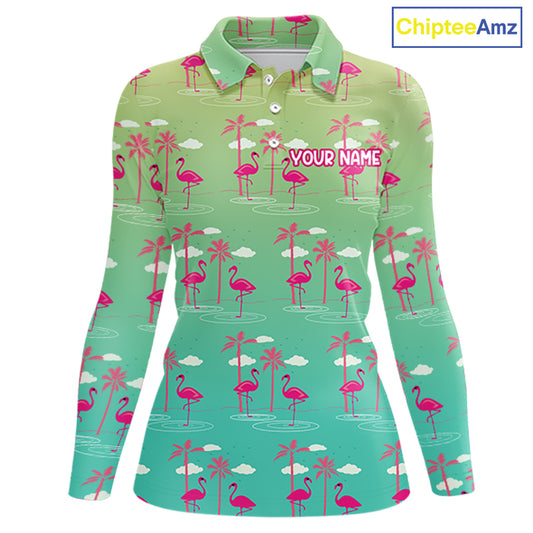 Pink Flamingo Palm Tree Womens Golf Polo Shirt, Tropical Golf Shirt, Cute Flamingo Print Summer Polo NBT538