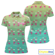 Load image into Gallery viewer, Pink Flamingo Palm Tree Womens Golf Polo Shirt, Tropical Golf Shirt, Cute Flamingo Print Summer Polo NBT538