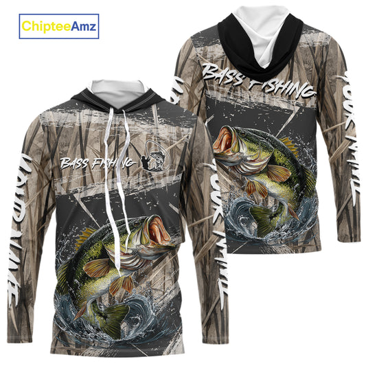 Largemouth Bass Grass Camo Custom Name Long Sleeve Hooded Fishing Shirt, Bass Fishing Shirts For Men NBT354