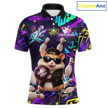 Load image into Gallery viewer, Front view of custom funny hamster purple graffiti bowling team polo shirt