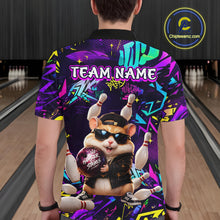 Load image into Gallery viewer, Bowler wearing custom funny hamster purple graffiti bowling shirt on the lanes - back view