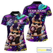 Load image into Gallery viewer, Front and view of custom funny hamster purple graffiti women bowling team polo shirt with personalized name
