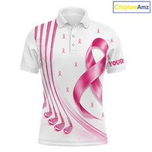 Load image into Gallery viewer, A blue, white breast cancer awareness ribbon pattern bowling up shirt displayed in front views, featuring personalized golf team designs.