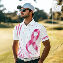 Load image into Gallery viewer, A golfer man in a golf course wearing a white, pink breast cancer awareness ribbon pattern golf polo shirt with “Your Name” and a golf course graphic on the chest.