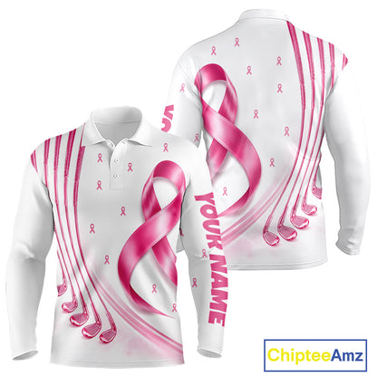 Front and back views of a white, pink breast cancer awareness golf polo shirt, chest name text.