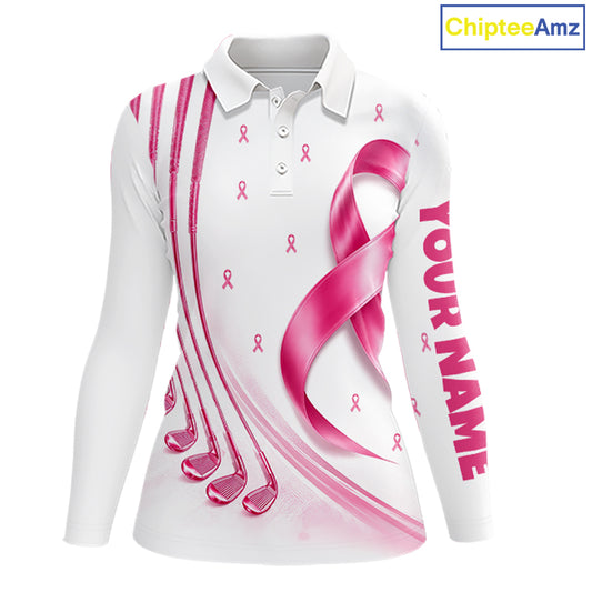 Front views of a womens breast caner awareness pink ribbon golf polo shirt, your name on the sleeve.