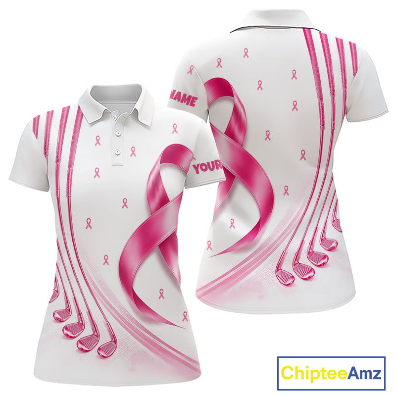 Front and back views of a womens Breast Cancer Awareness pink ribbon golf polo shirt, name text on the sleeve.