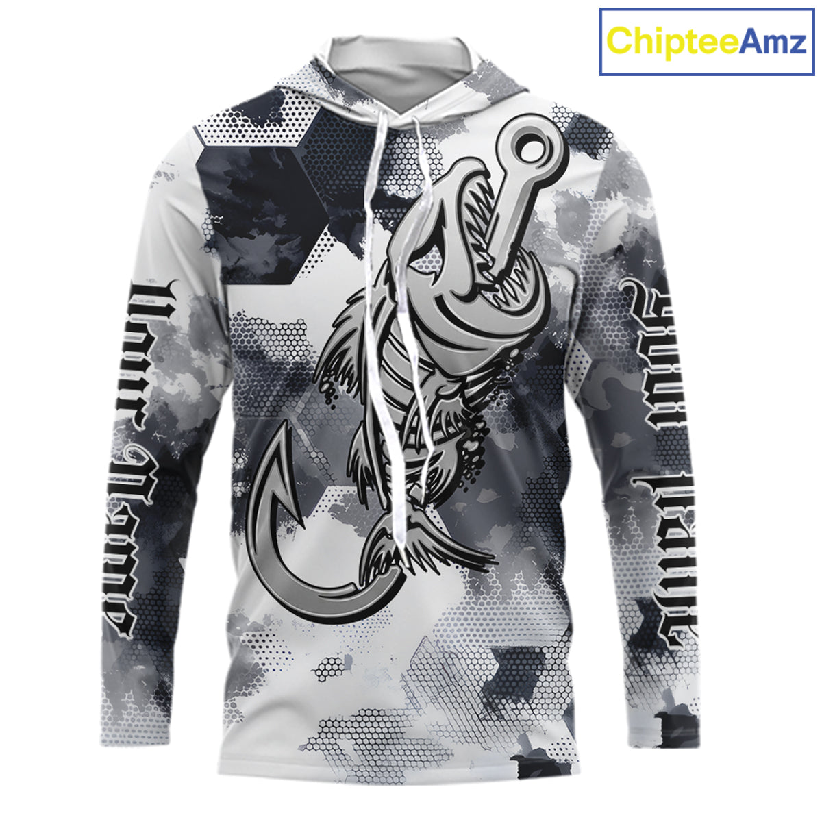 Front view of personalized fish skeleton hooded fishing shirt for men with fish reaper skull design