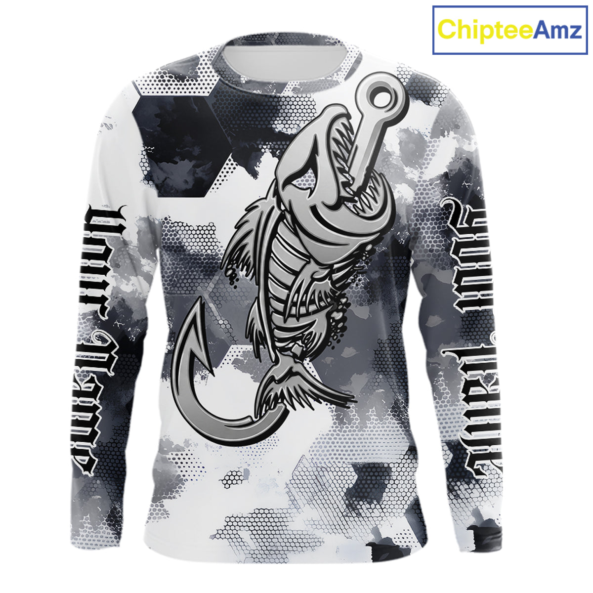 Front view of personalized fish skeleton fishing shirt for men with fish reaper skull design