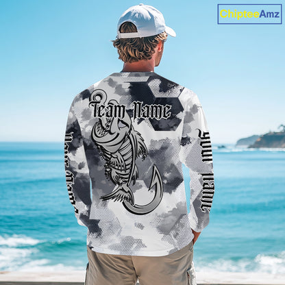 Man wearing personalized fish skeleton fishing shirt with custom team name on the back