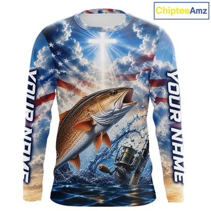 Custom Faith Redfish American Flag Patriotic Fishing Shirt Long Sleeve, US Fishing Jerseys NBT949