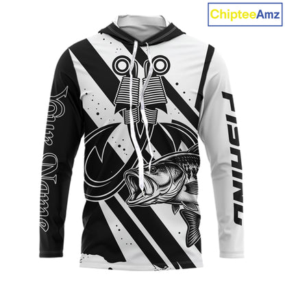 Front view of black and white largemouth bass long sleeve hooded fishing shirt with sun protection