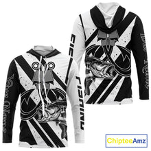 Load image into Gallery viewer, Front and back view of black and white largemouth bass sun protection hooded fishing jersey