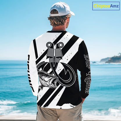 Angler wearing black and white largemouth bass long sleeve fishing shirt with custom name on sleeve
