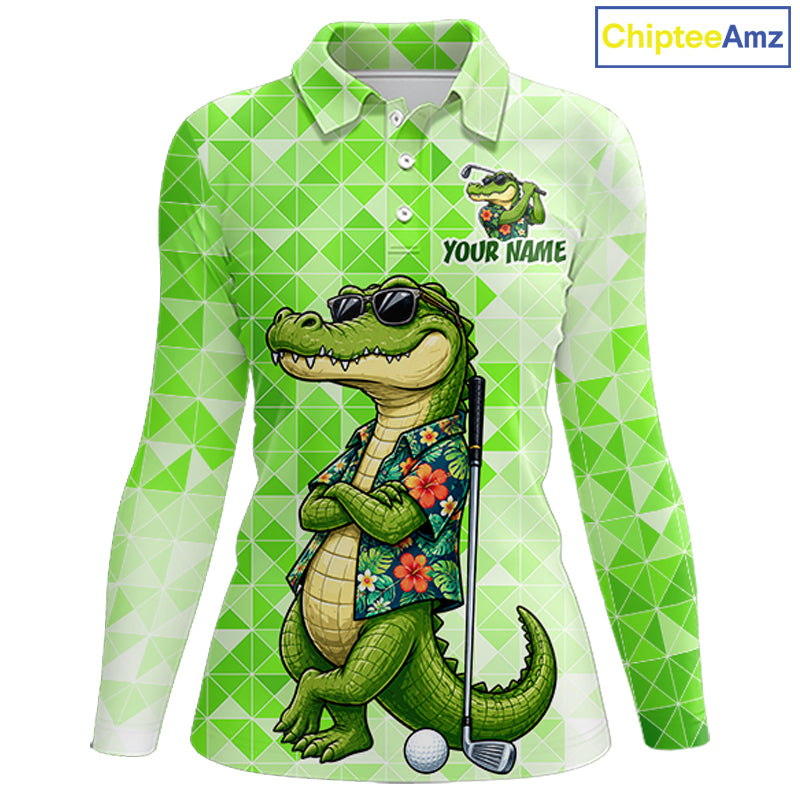 Funny Green Alligator Golf Polo Shirt Womens Custom Name Team Golf Shirts, Golf Gifts | Green NBT950