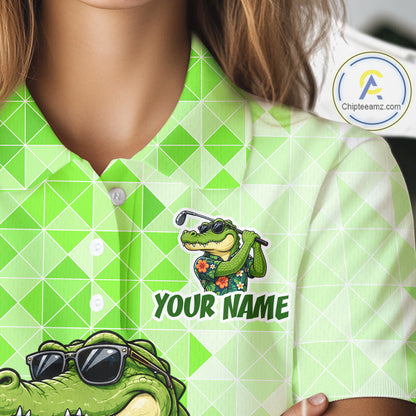 Funny Green Alligator Golf Polo Shirt Womens Custom Name Team Golf Shirts, Golf Gifts | Green NBT950