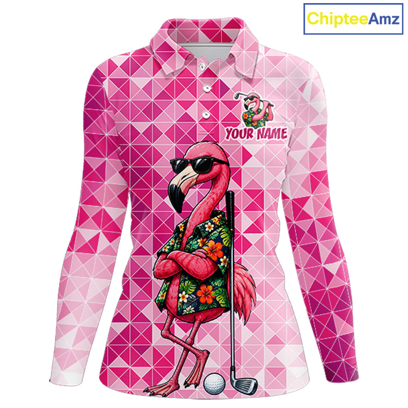 Funny Pink Flamingo Golf Polo Shirt Womens Custom Name Team Golf Shirts, Golf Gifts NBT956