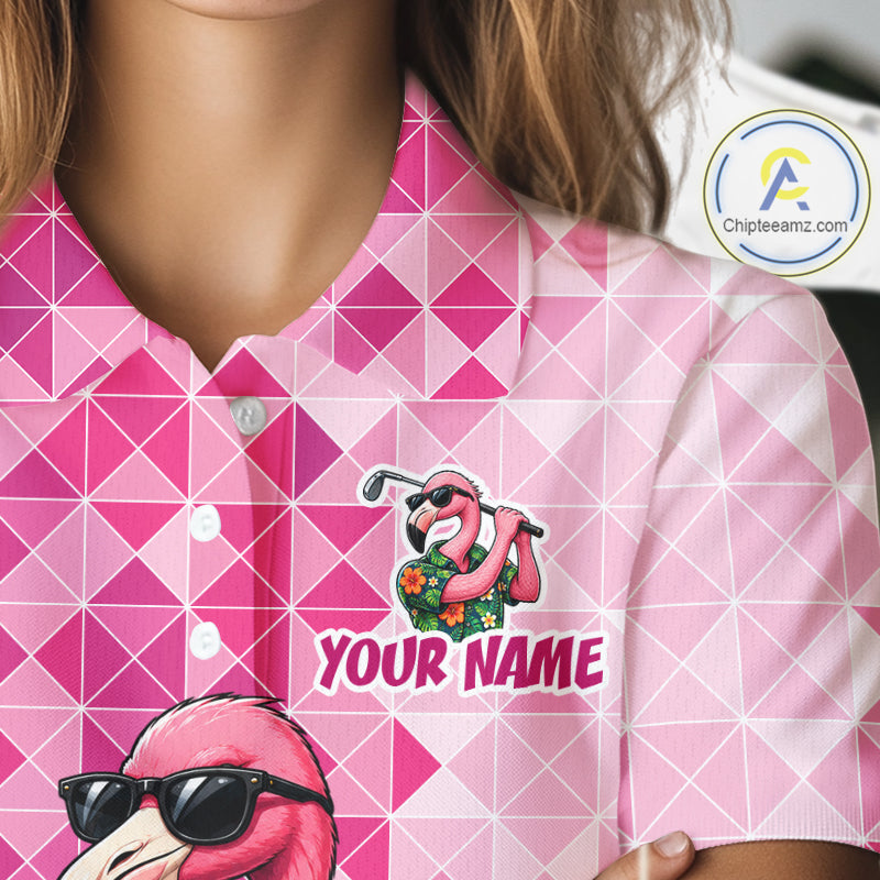 Funny Pink Flamingo Golf Polo Shirt Womens Custom Name Team Golf Shirts, Golf Gifts NBT956
