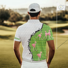 Load image into Gallery viewer, Funny Mens Golf Polo Shirt Green Argyle Flamingo Pattern Custom Name White Golf Shirt NBT558