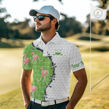 Load image into Gallery viewer, Funny Mens Golf Polo Shirt Green Argyle Flamingo Pattern Custom Name White Golf Shirt NBT558