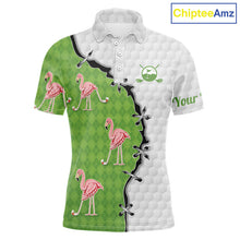 Load image into Gallery viewer, Funny Mens Golf Polo Shirt Green Argyle Flamingo Pattern Custom Name White Golf Shirt NBT558
