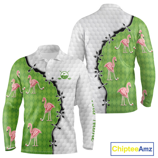 Funny Mens Golf Polo Shirt Green Argyle Flamingo Pattern Custom Name White Golf Shirt NBT558