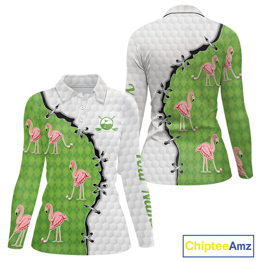 Funny Womens Golf Polo Shirt Green Argyle Flamingo Pattern Custom Name White Golf Shirt NBT558