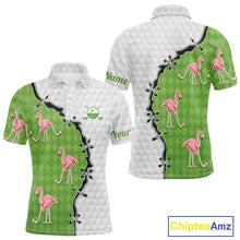 Load image into Gallery viewer, Funny Mens Golf Polo Shirt Green Argyle Flamingo Pattern Custom Name White Golf Shirt NBT558