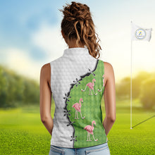 Load image into Gallery viewer, Funny Womens Sleeveless Golf Polo Shirt Green Argyle Flamingo Pattern Custom Name White Golf Shirt NBT558